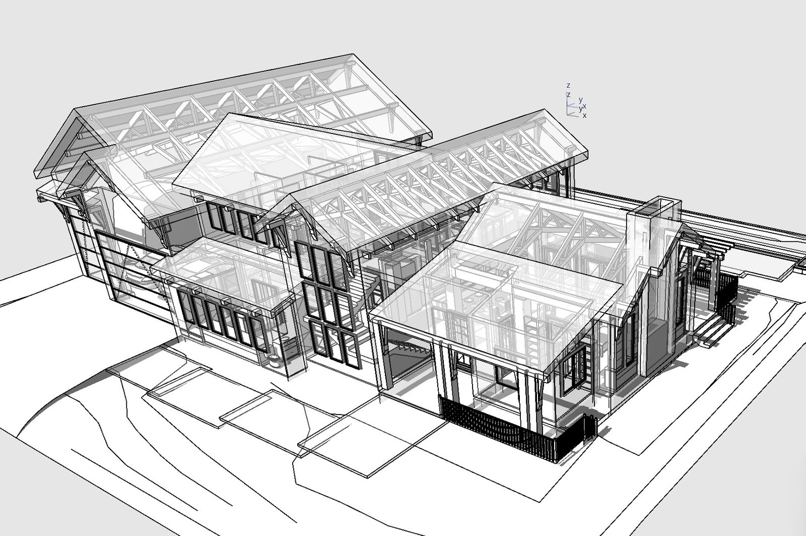 Translucent BIM framing model of a home showing roof trusses