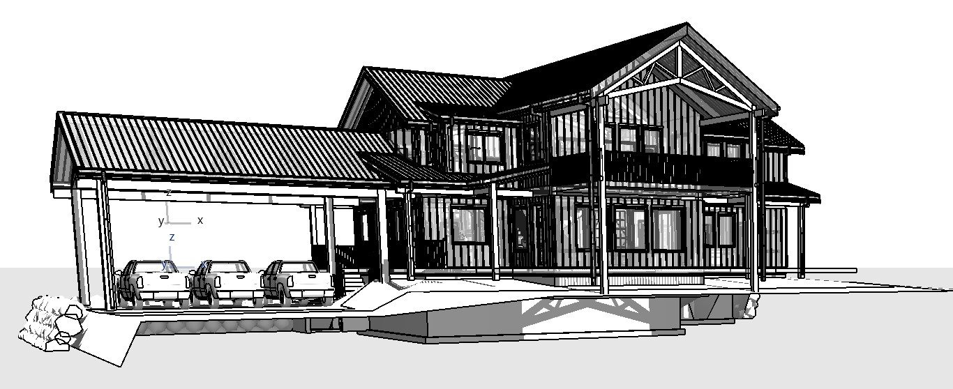 Black and white line model of a timber home with a carport